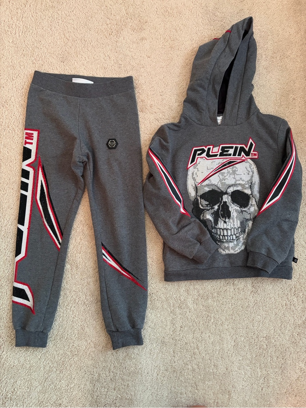 Philipp Plein Junior Kids Skull Embellished Gray Hoodie and‎ Jogger Set Size 8-9
